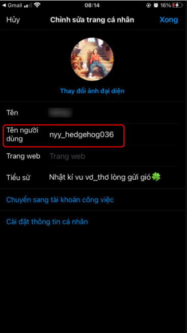 Copy tên đểm lấy link Instagram