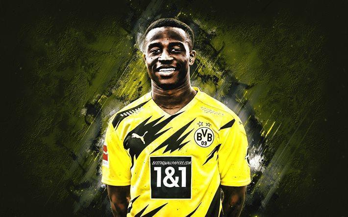 Download wallpapers Youssoufa Moukoko, Borussia Dortmund, German football player, portrait, yellow stone background, football, BVB for desktop free. Pictures for desktop free